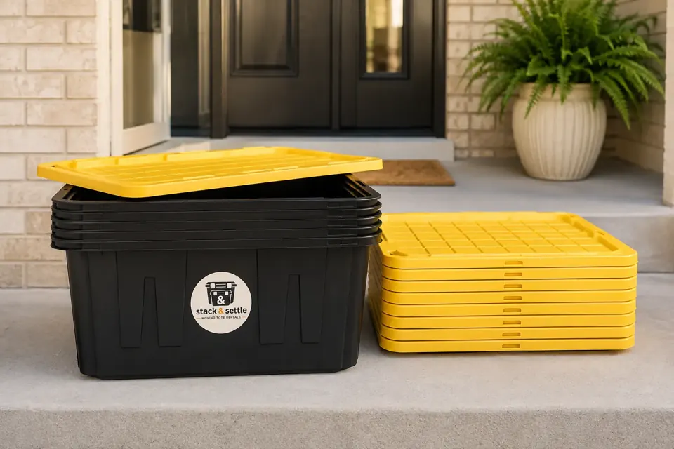 Ten nested black moving totes with matching yellow lids arranged neatly on a front porch