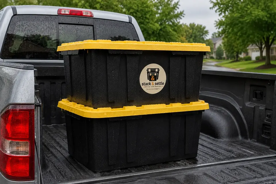 Two black moving totes with secure yellow lids in a pickup truck bed after a light rain