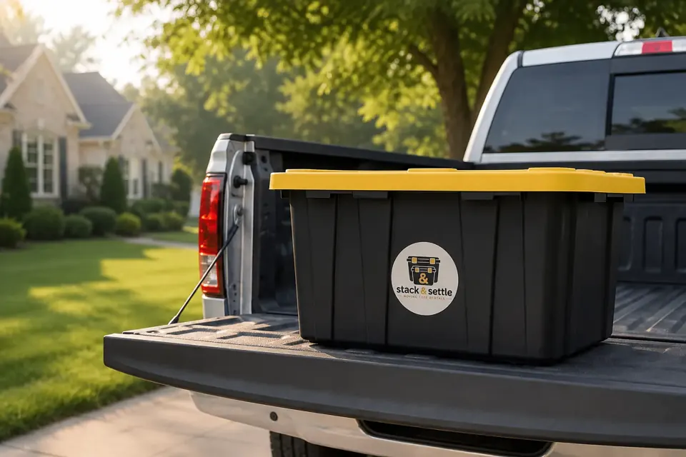 Black Stack and Settle moving tote with a yellow lid on a pickup truck tailgate in a Middle Tennessee neighborhood